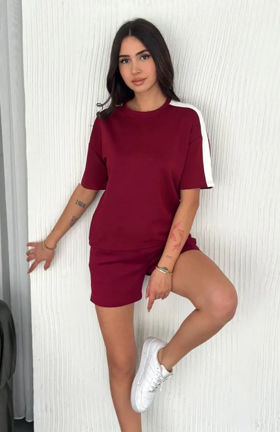 Osy Modal yumuşak dokulu Kumaş Kadın Parçalı Bisiklet Yaka T-shirt Kısa Şort İkili Takım - Bordo