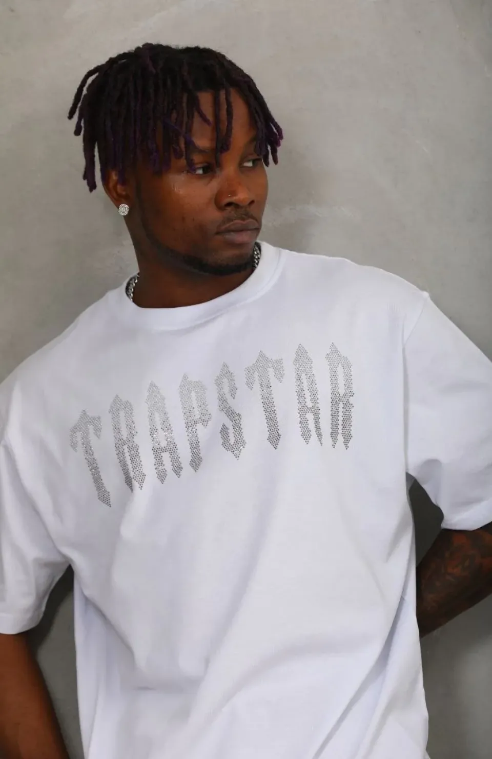 Unisex Oversize Taşlı Bisiklet Yaka T-Shirt - Beyaz