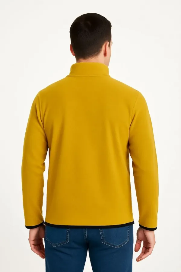 Erkek Polar Kazak – Dik Yaka, Yarım Fermuarlı, Fermuarlı Göğüs Cepli, Siyah Biyeli, Kışlık Rahat Regular Fit Günlük Model - Sarı