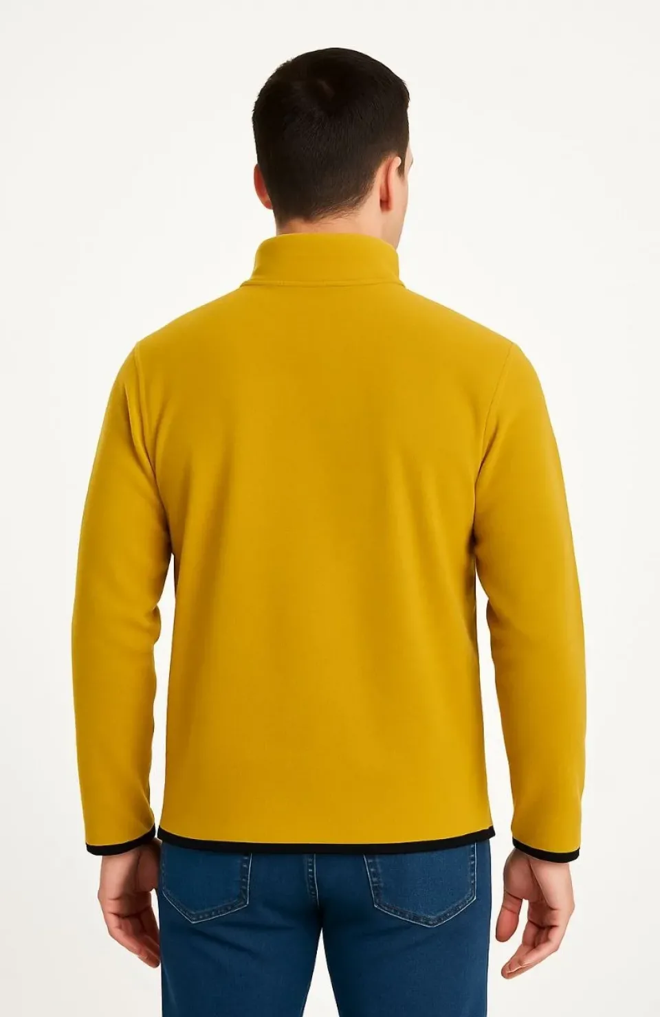 Erkek Polar Kazak – Dik Yaka, Yarım Fermuarlı, Fermuarlı Göğüs Cepli, Siyah Biyeli, Kışlık Rahat Regular Fit Günlük Model - Sarı