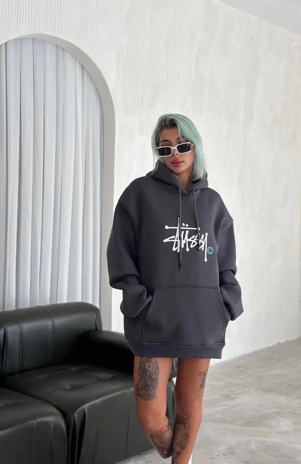 Üç İplik Kapşonlu Baskılı SweatShirt - Füme