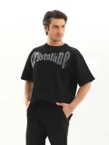 Unisex Oversize Taşlı T-Shirt - Siyah