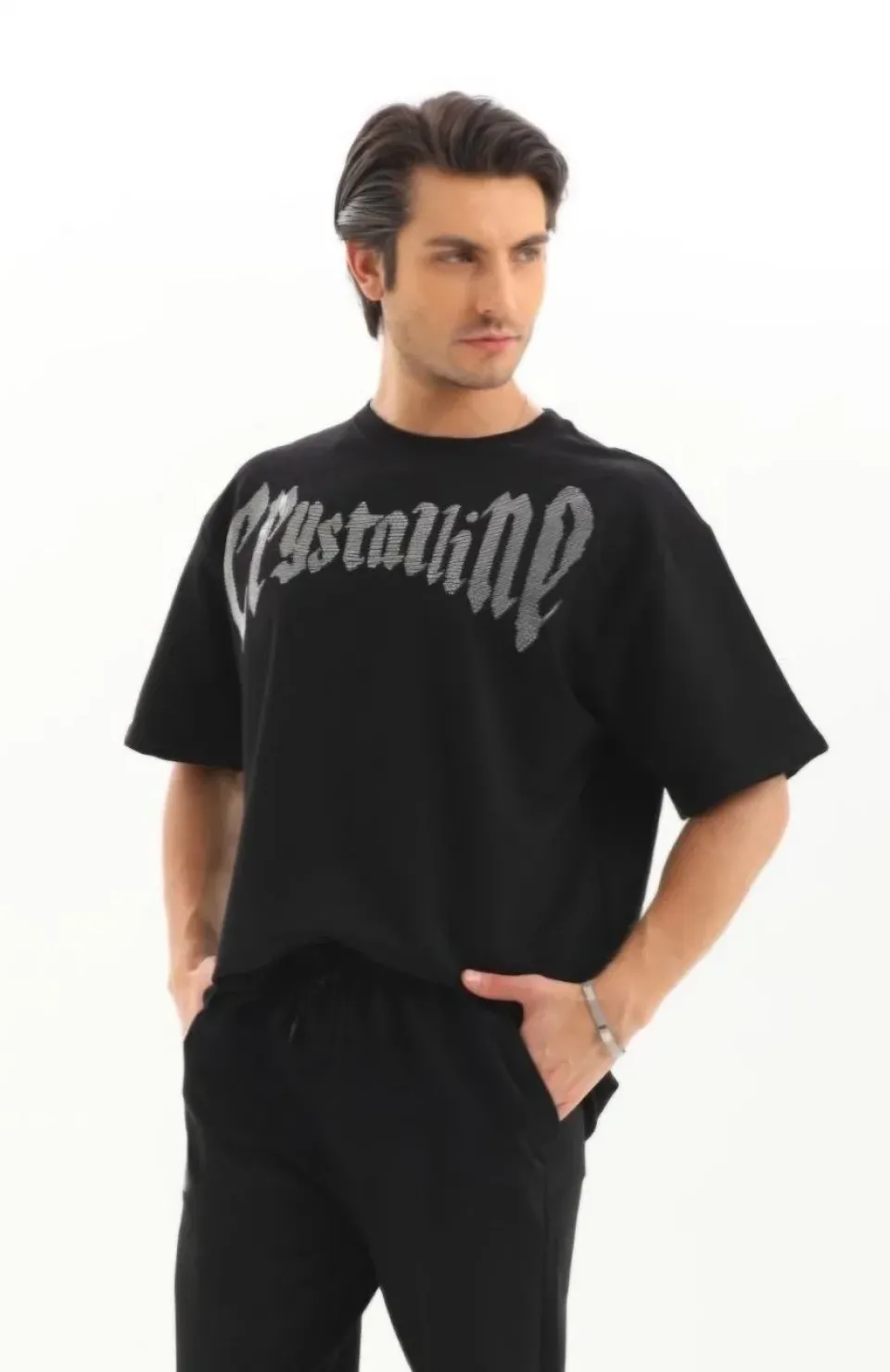 Unisex Oversize Taşlı T-Shirt - Siyah