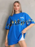 Unisex Bisiklet Yaka Baskılı Oversize T-Shirt - Mavi