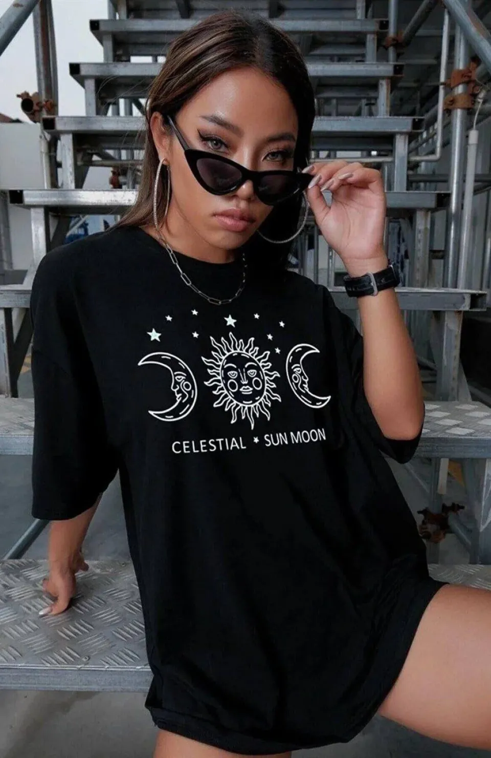 Unisex Baskılı Oversize T-Shirt - Siyah