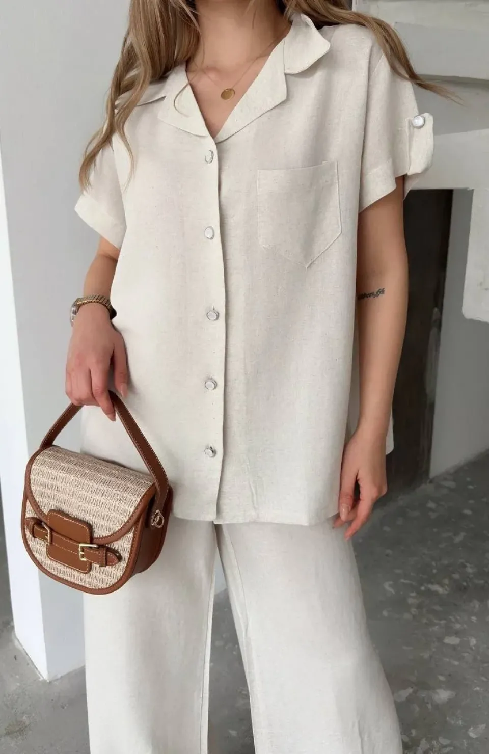 Keten Kısa Kollu Cepli Gömlek Pantolon ikili Takım - Beyaz