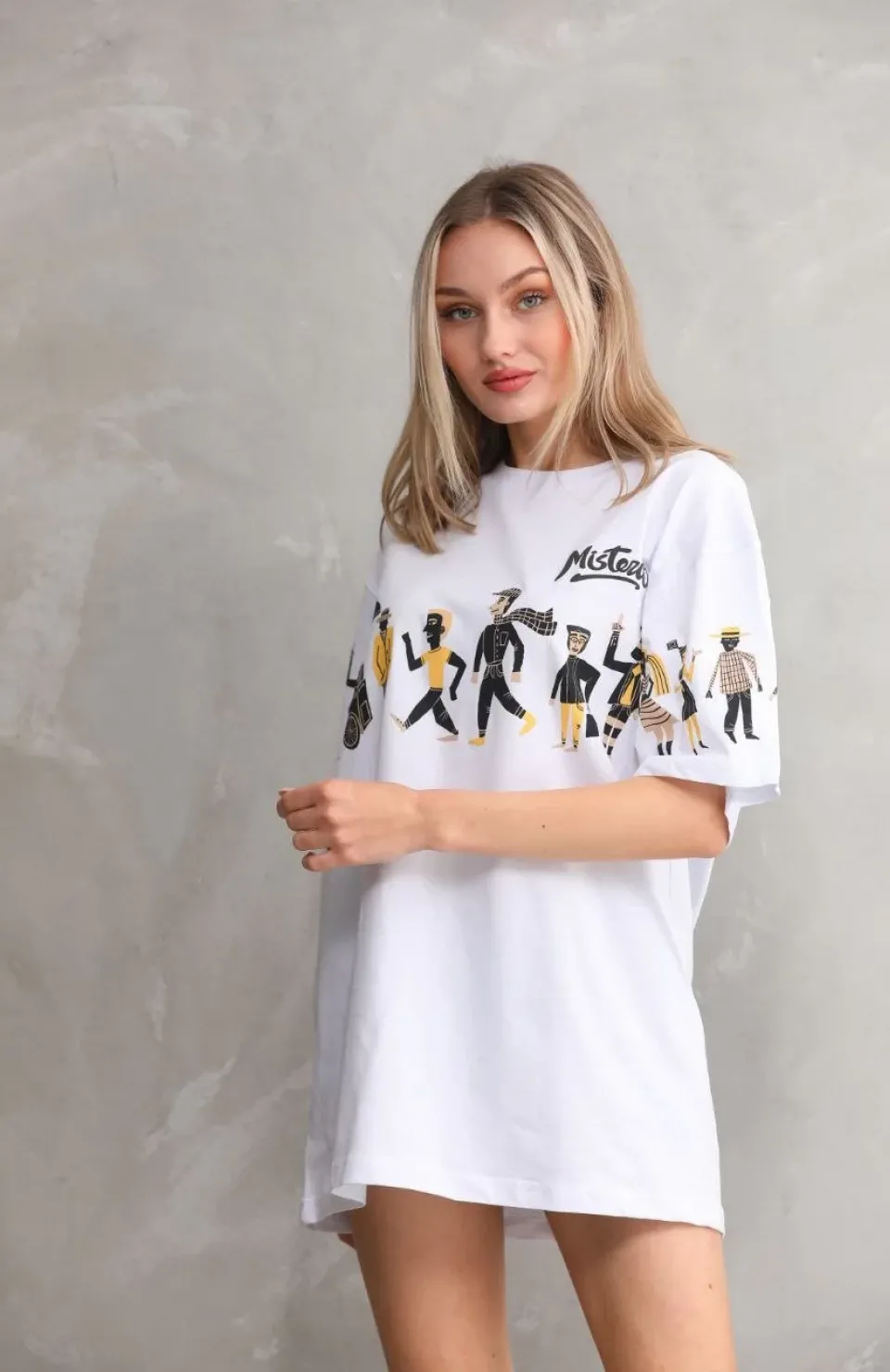 Unisex Bisiklet Yaka Baskılı Oversize T-Shirt - Beyaz