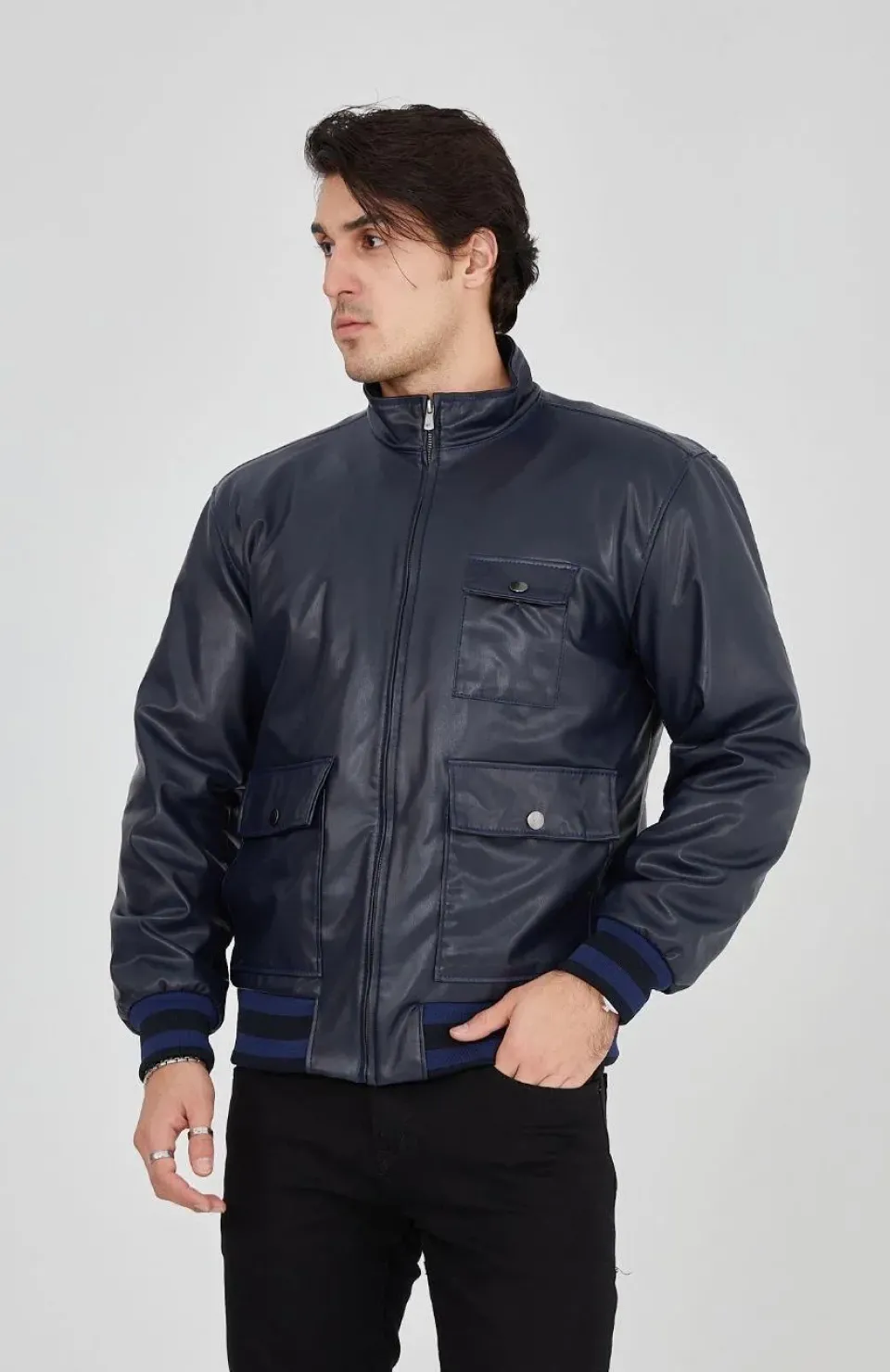 Erkek Fermuarlı İçten Elyaf ve Astarlı Suni Deri Ceket - Lacivert