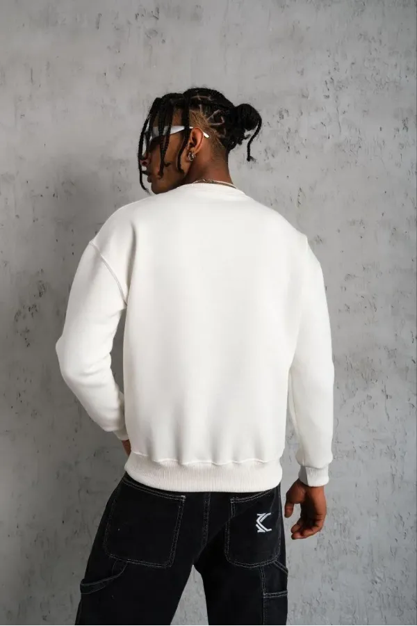 Erkek Düz Bisiklet Yaka Sweat - Beyaz