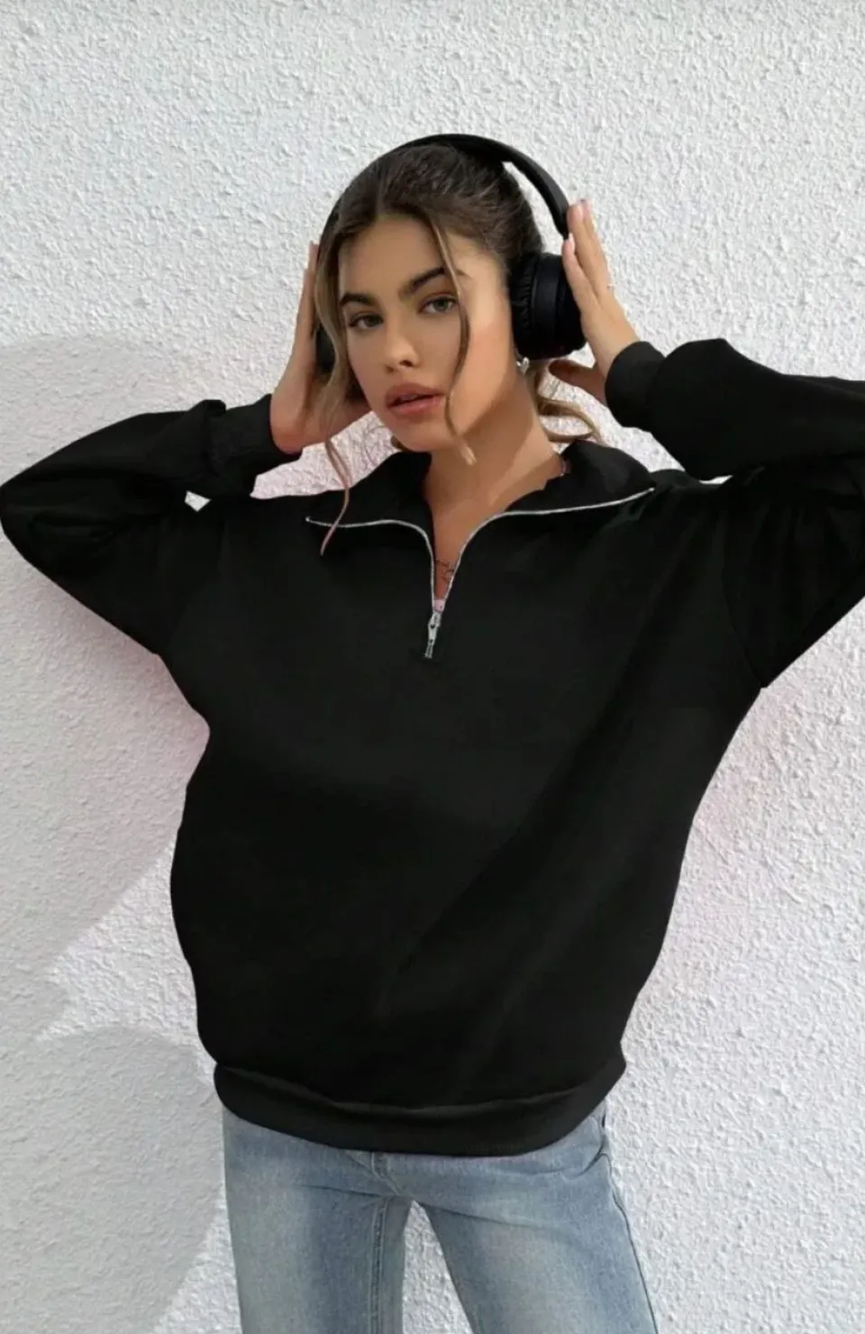 Unisex Uzun Kol Yarım Farmuarlı Yakalı Basic SweatShirt - Siyah