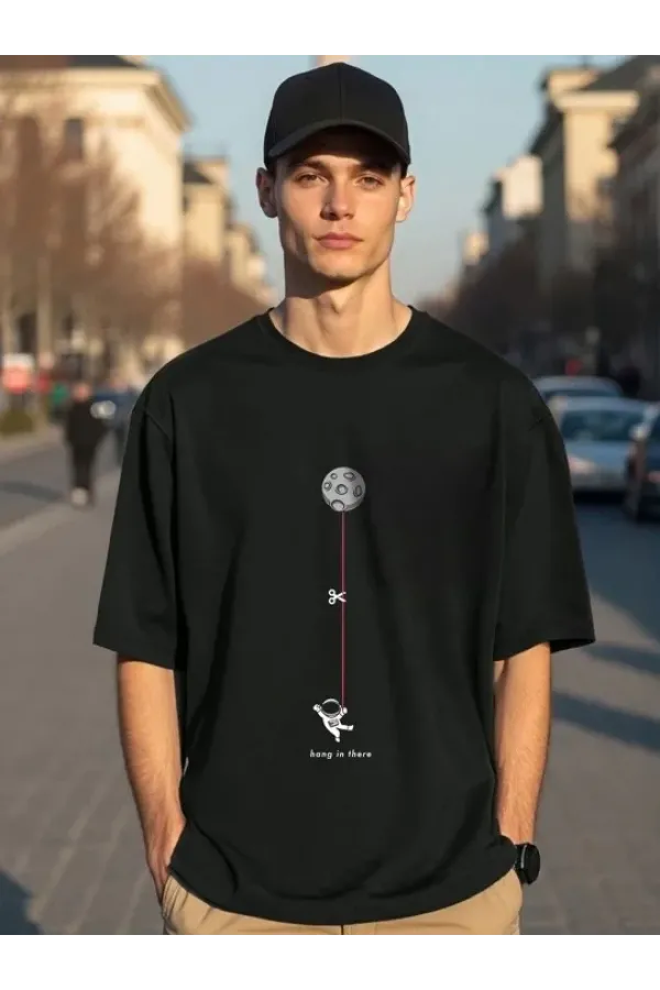 Erkek Baskılı Oversize T-shirt - Siyah