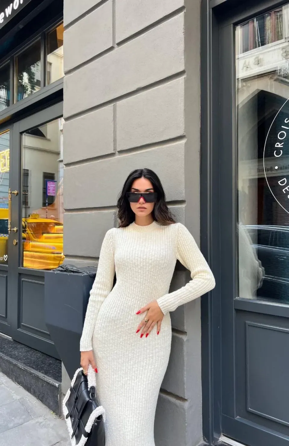 Bisiklet Yaka Fitilli Uzun Elbise - Beyaz