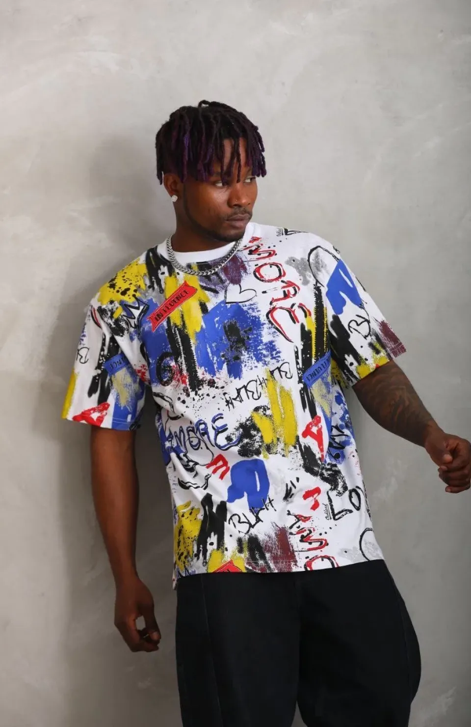 Unisex Oversize Baskılı Bisiklet Yaka T-Shirt - Beyaz