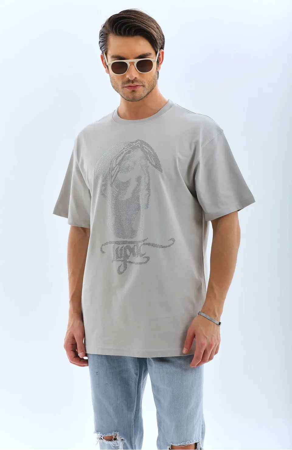 Unisex Oversize Taşlı Bisiklet Yaka T-Shirt - Gri