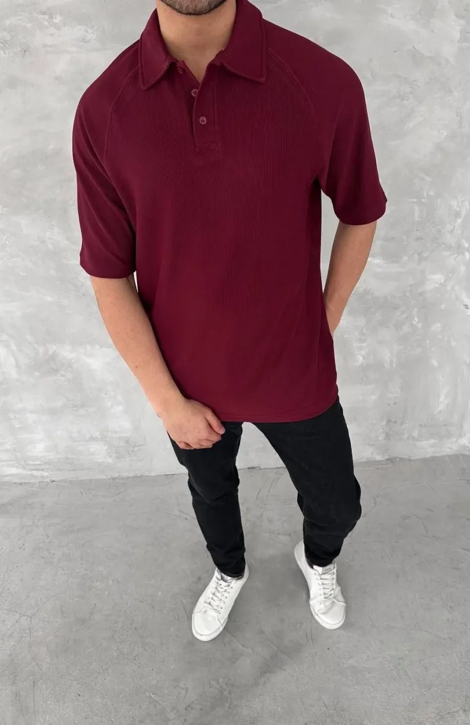 Yakalı Patlı Kısa Kol T-shirt - Bordo