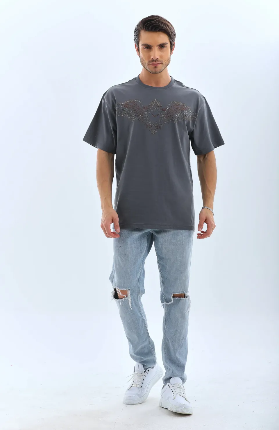 Unisex Oversize Taşlı Bisiklet Yaka T-Shirt - Füme