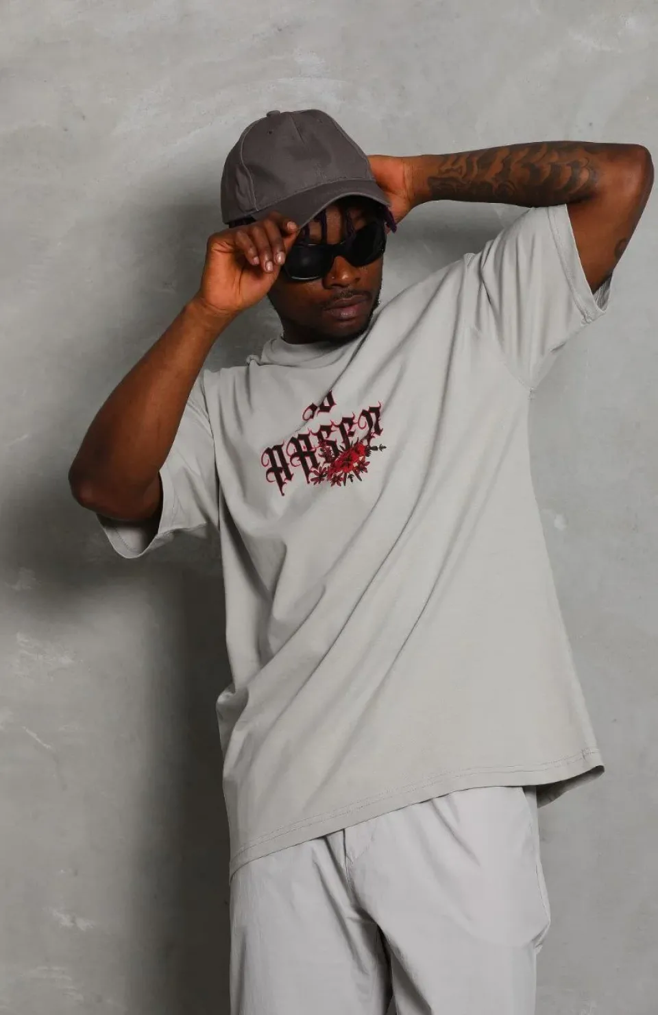 Unisex Oversize Baskılı Bisiklet Yaka T-Shirt - Gri