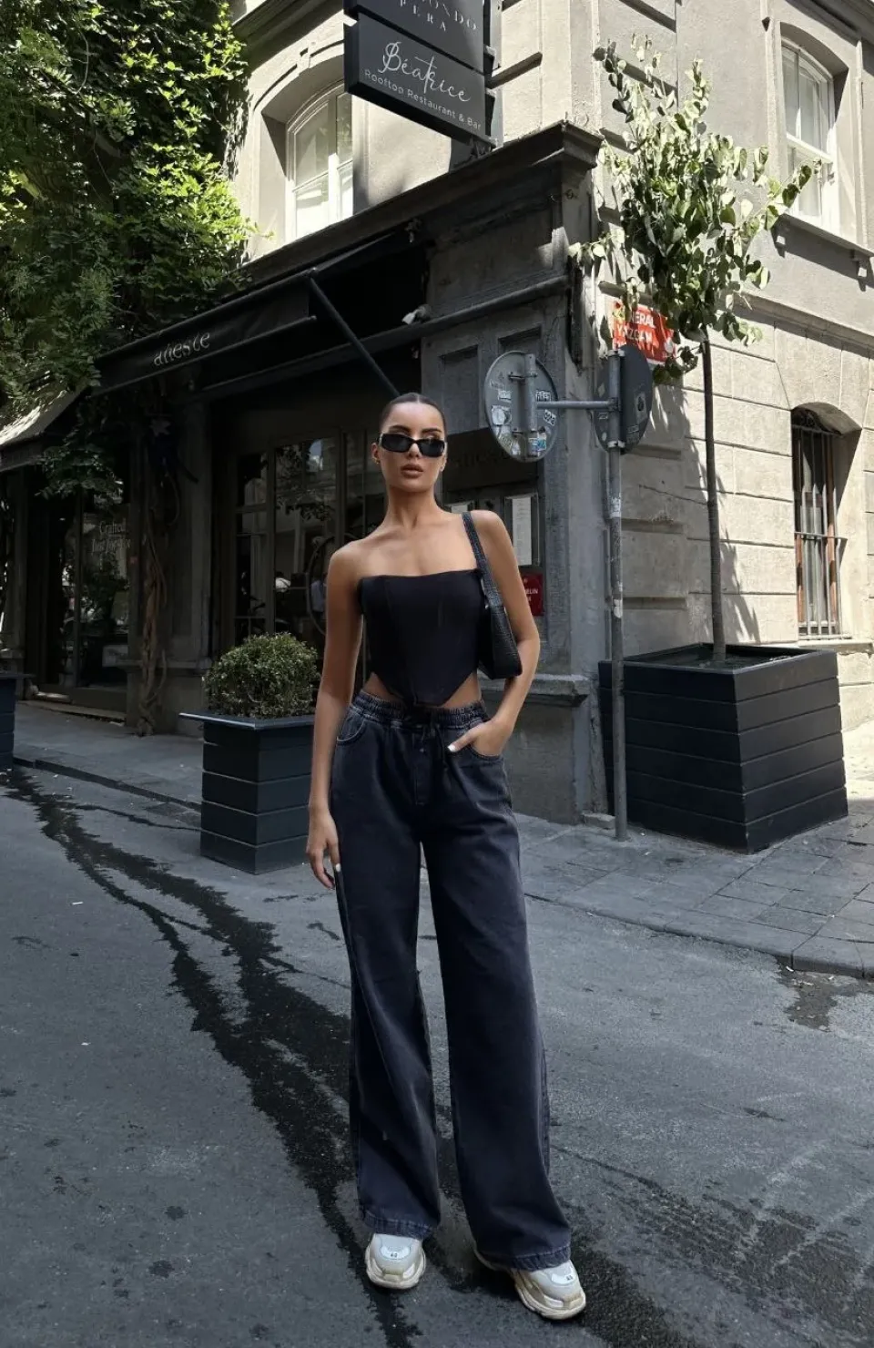 Kadın Arkadan Yırtmaçlı Jeans Kot Palazzo Pantolon - Siyah