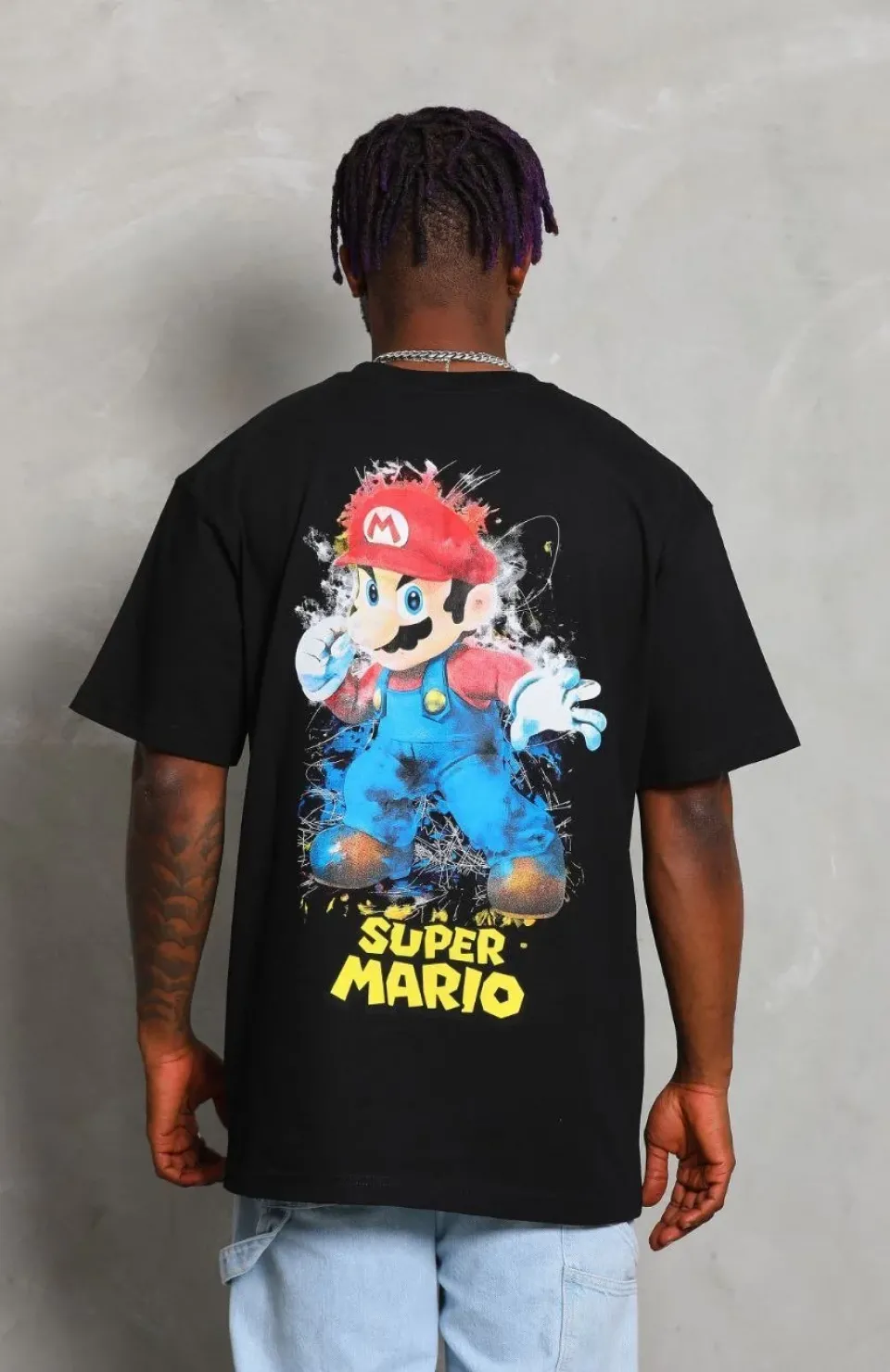 Unisex Oversize Baskılı Bisiklet Yaka T-Shirt - Siyah