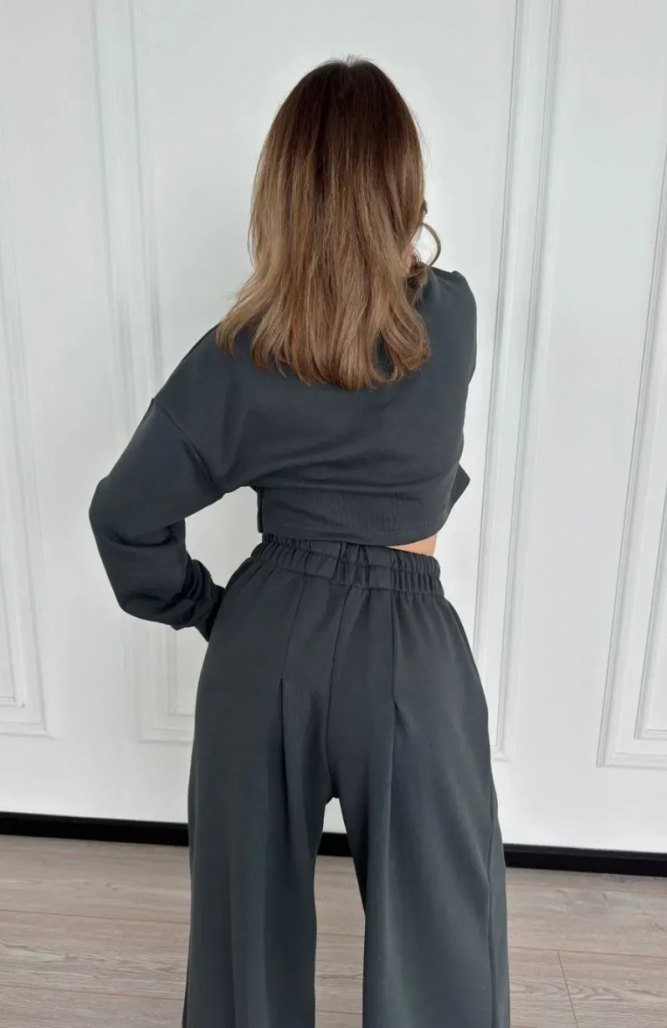 Uzun Kollu Önü İp Büzgülü Crop ve Pantolon İkili Takım - Antrasit