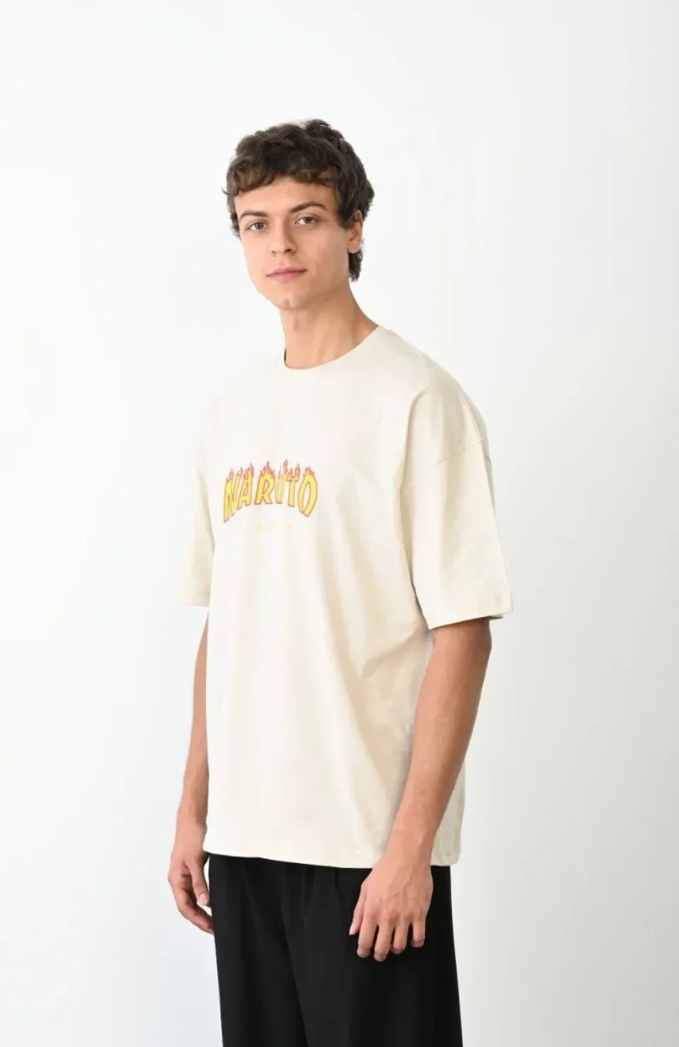 Unisex Bisiklet Yaka Baskılı Oversize T-Shirt - Beyaz