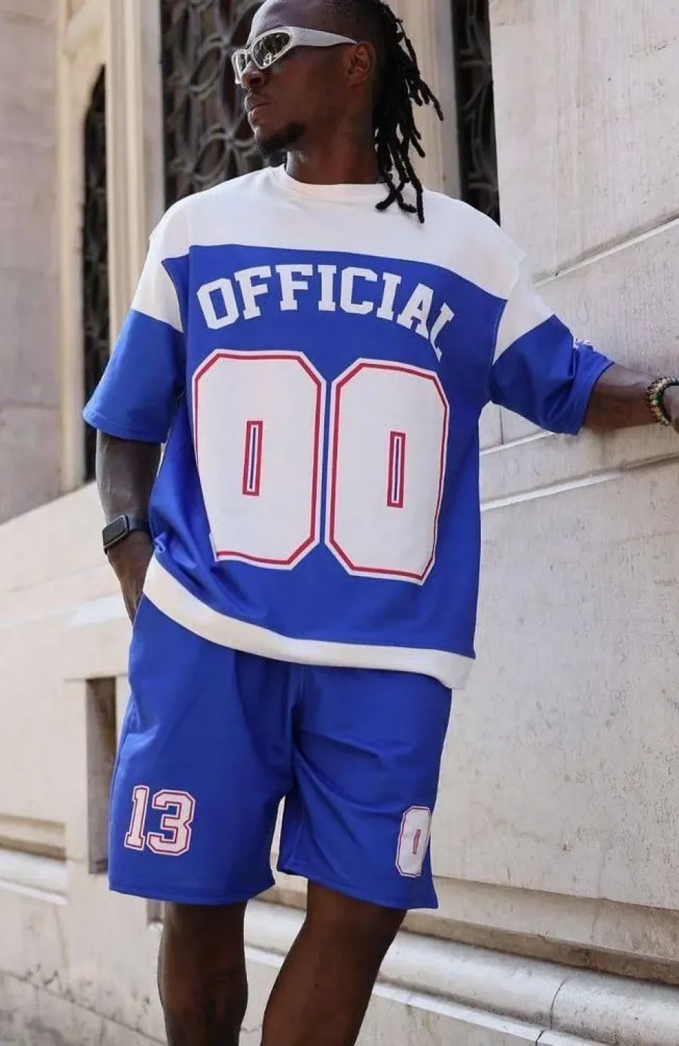 Erkek Şortlu Takım – Oversize İki İplik Kumaş, Ön & Arka Dijital Baskılı Tişört ve Lastikli Cepli Şort, Yazlık Günlük Spor Set - Mavi