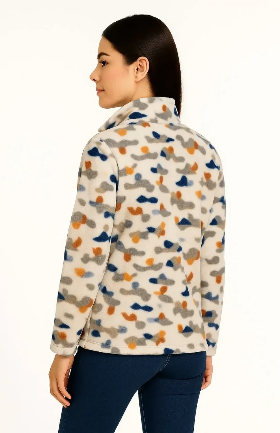 Kadın Tam Fermuarlı Desenli Polar Sweat – Siyah Multicolor Figür Desen Yakalı, Uzun Kollu, Oversize Rahat Kalıp - Beyaz