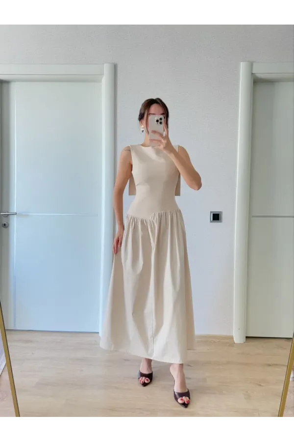 Krep Arkası Kanat Arka Ön Pens Detaylı Uzun Kadın Elbise - Bej