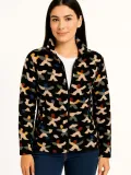 Kadın Tam Fermuarlı Desenli Polar Sweat – Siyah Multicolor Figür Desen Yakalı, Uzun Kollu, Oversize Rahat Kalıp - Siyah