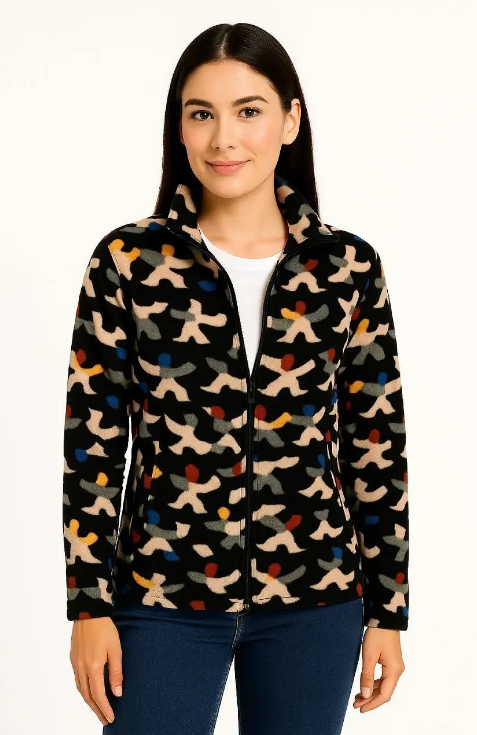 Kadın Tam Fermuarlı Desenli Polar Sweat – Siyah Multicolor Figür Desen Yakalı, Uzun Kollu, Oversize Rahat Kalıp - Siyah