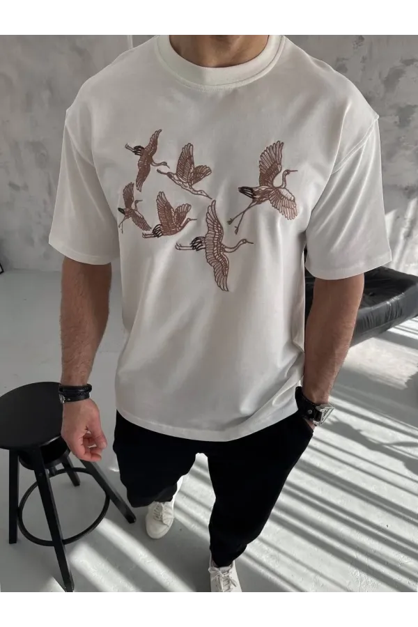 Unisex Nakış İşlemeli T-Shirt - Beyaz