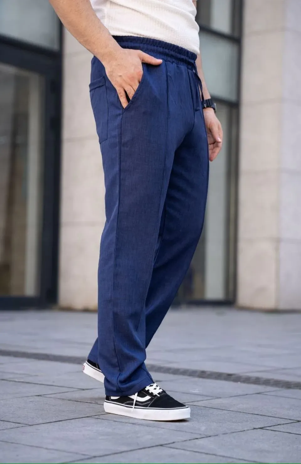 Erkek Keten Cepli Çıma Dikişli jogger Buggy Pantalon Rahat kalıp - Lacivert