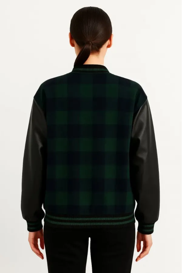 Kadın Kolej Ceket – Kareli Oduncu Kumaş, Kolları Suni Deri, Fermuarlı, İçi Kapitone Astarlı, Nakışlı Oversize Bahar & Kış Stil - Haki