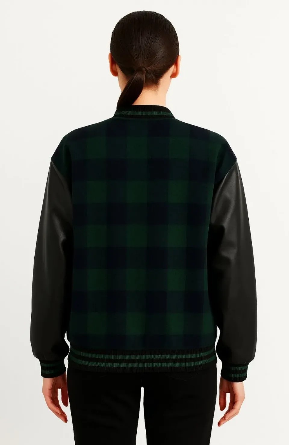 Kadın Kolej Ceket – Kareli Oduncu Kumaş, Kolları Suni Deri, Fermuarlı, İçi Kapitone Astarlı, Nakışlı Oversize Bahar & Kış Stil - Haki