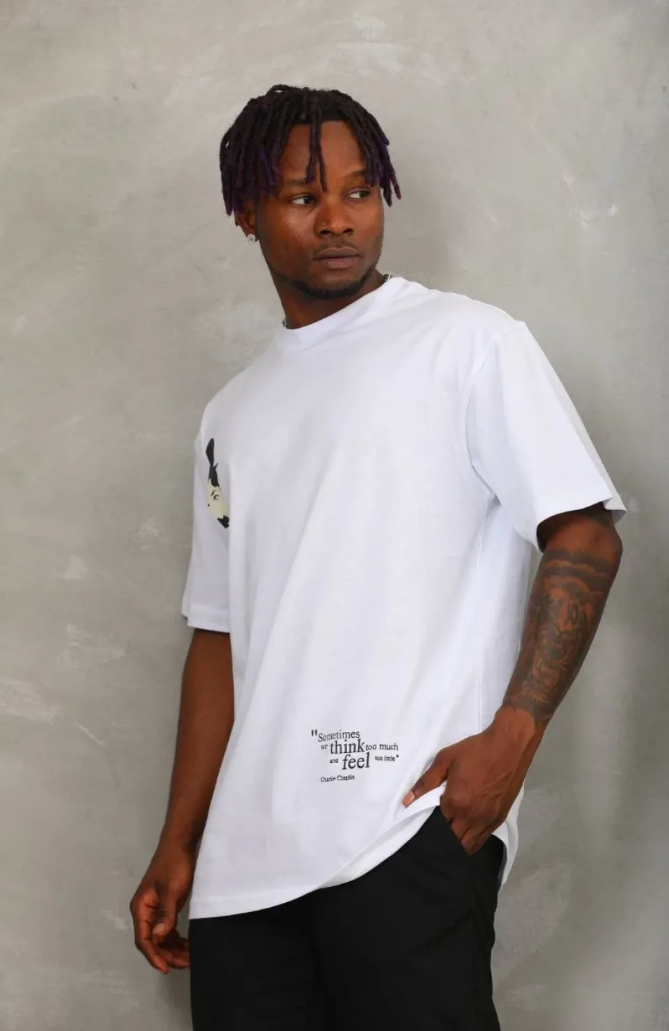 Unisex Oversize Baskılı Bisiklet Yaka T-Shirt - Beyaz