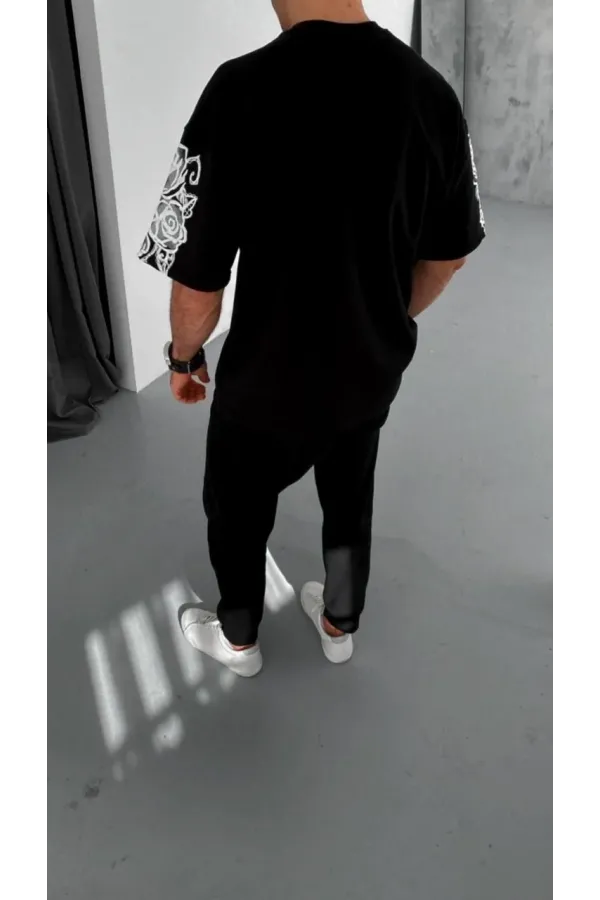 Unisex Flok Kabartma Baskılı T-Shirt - Siyah