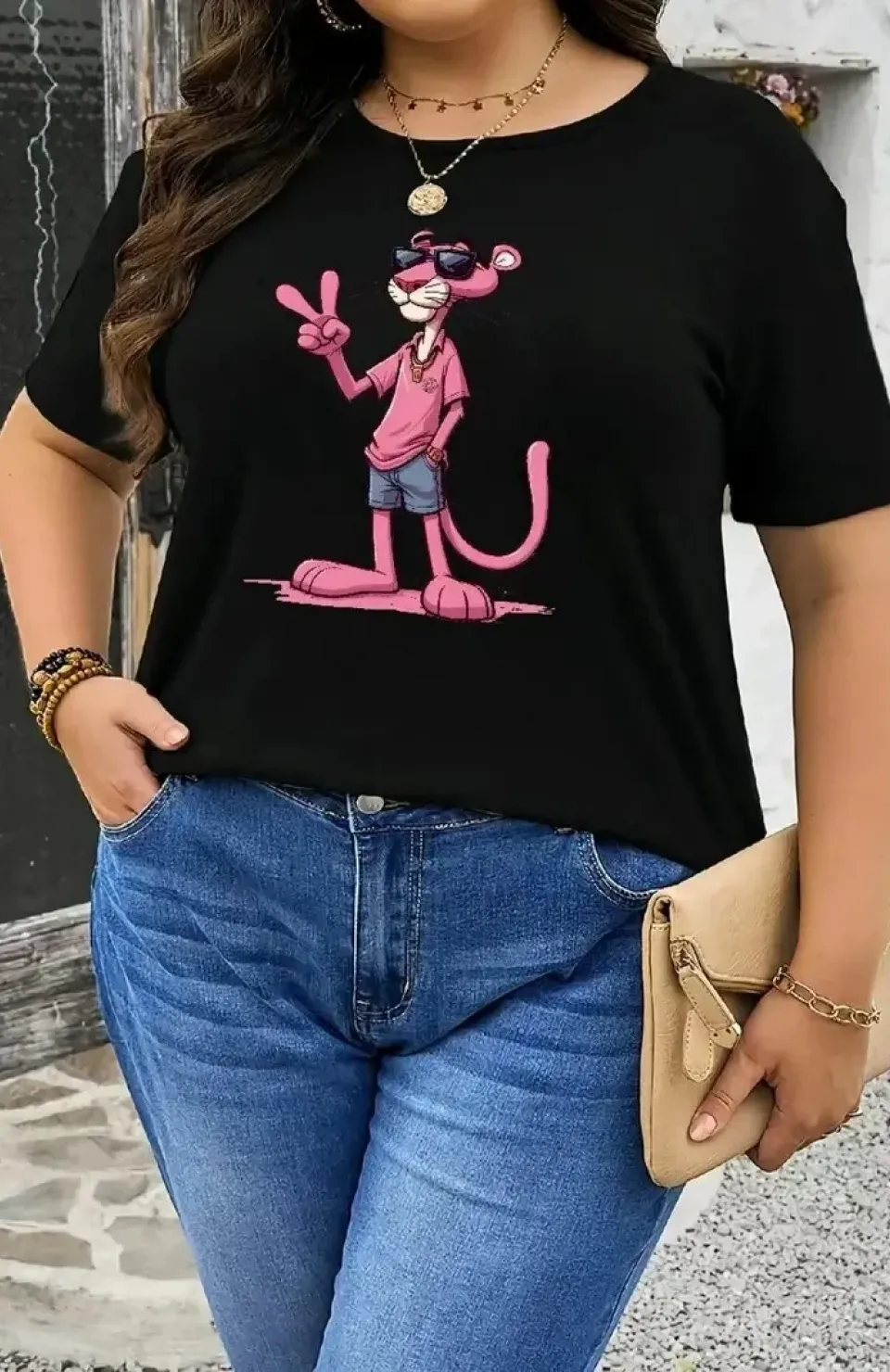 20/1 Penye Compack Pembe Panter Baskılı Oversize Bisiklet Yaka Kısa Kol Yazlık T-shirt - Beyaz