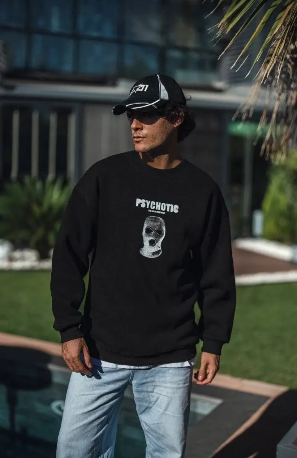 Kışlık Bisiklet Yaka Baskılı SweatShirt - Siyah