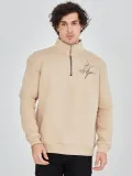 Erkek Yarım Fermuarlı Baskılı Sweat - Bej