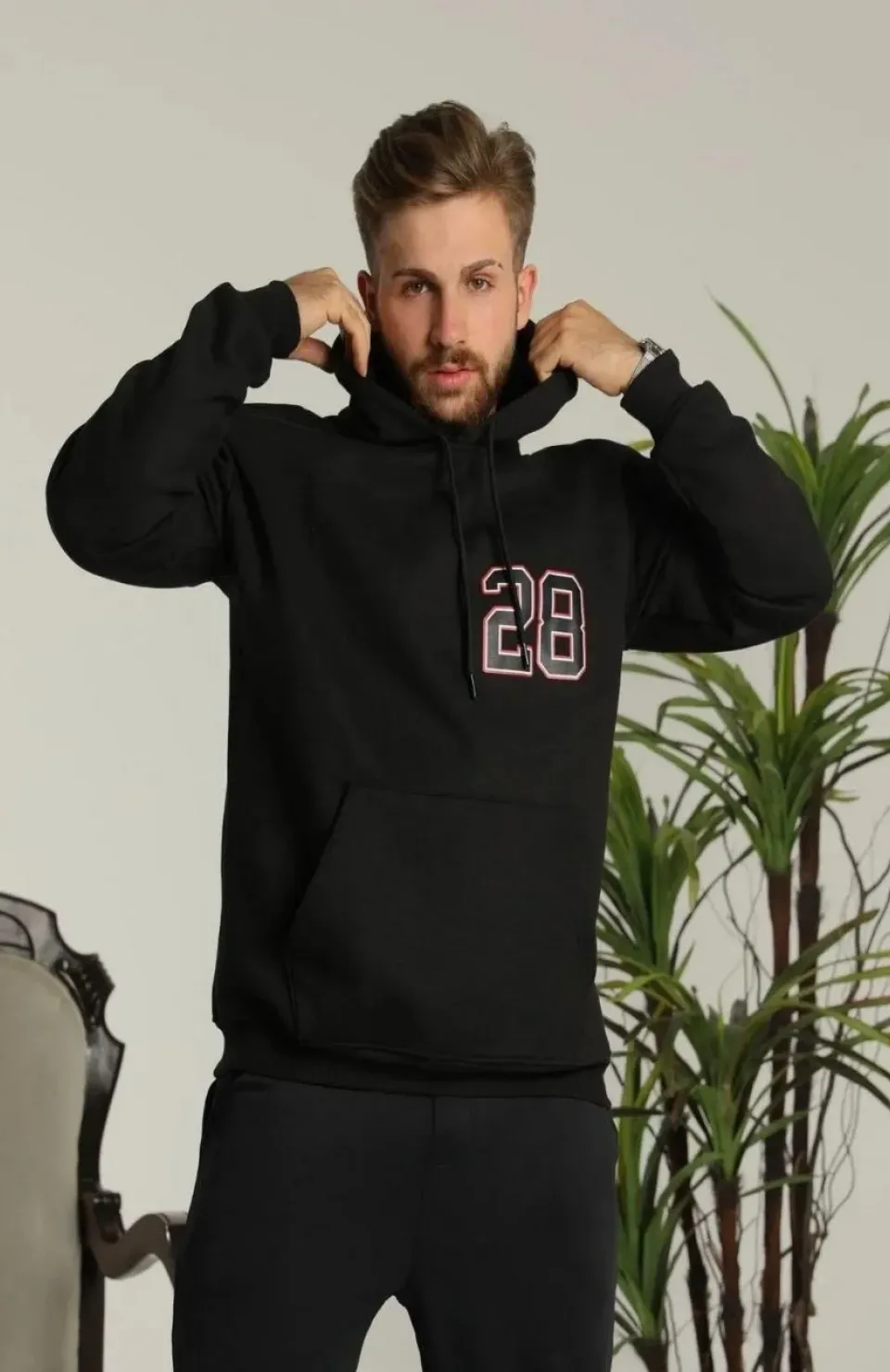Erkek Sırt Baskılı Oversize Üç İplik Kapüşonlu Sweatshirt - Siyah