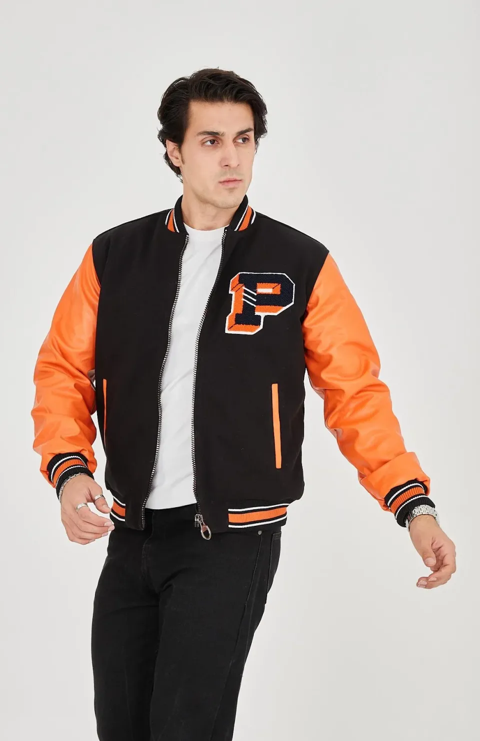 Erkek İçten Elyaf ve Astarlı Kolları Suni Deri Ceket - Turuncu