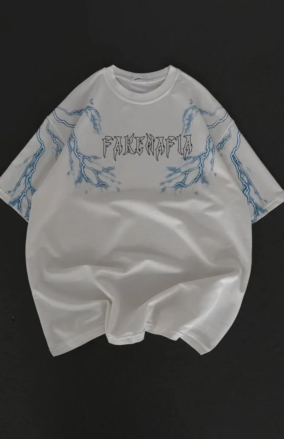 Unisex Bisiklet Yaka Baskılı Oversize T-Shirt - Beyaz