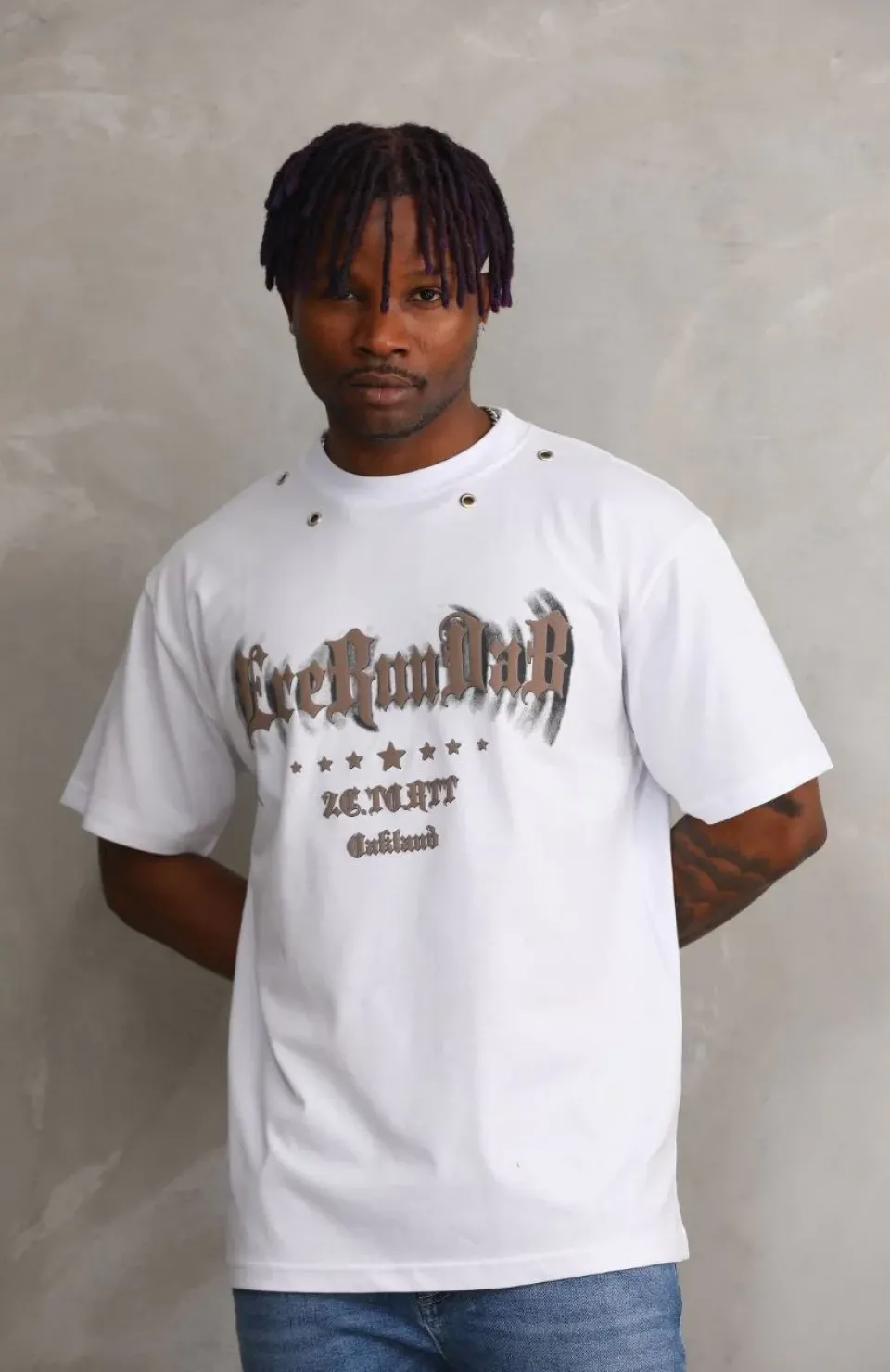 Unisex Kuşgözü Detaylı Baskılı Oversize T-Shirt - Beyaz