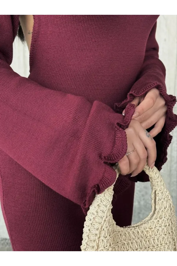 Acık Sırt Detaylı Maxi Uzun Boy Elbise- Bordo