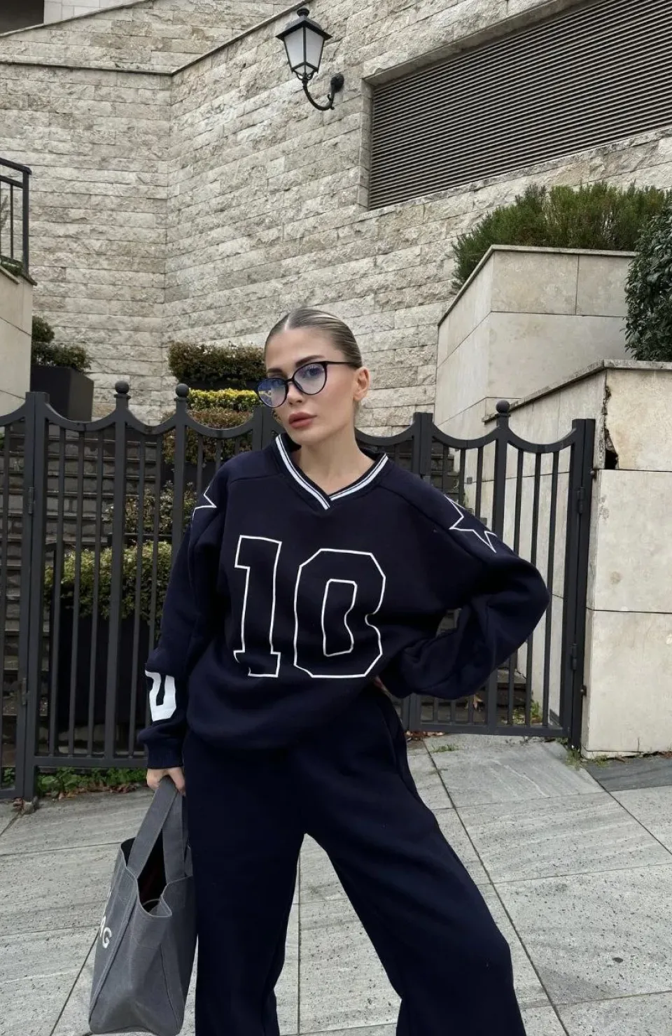 V Yaka Üç İplik Sweat Takım - Siyah