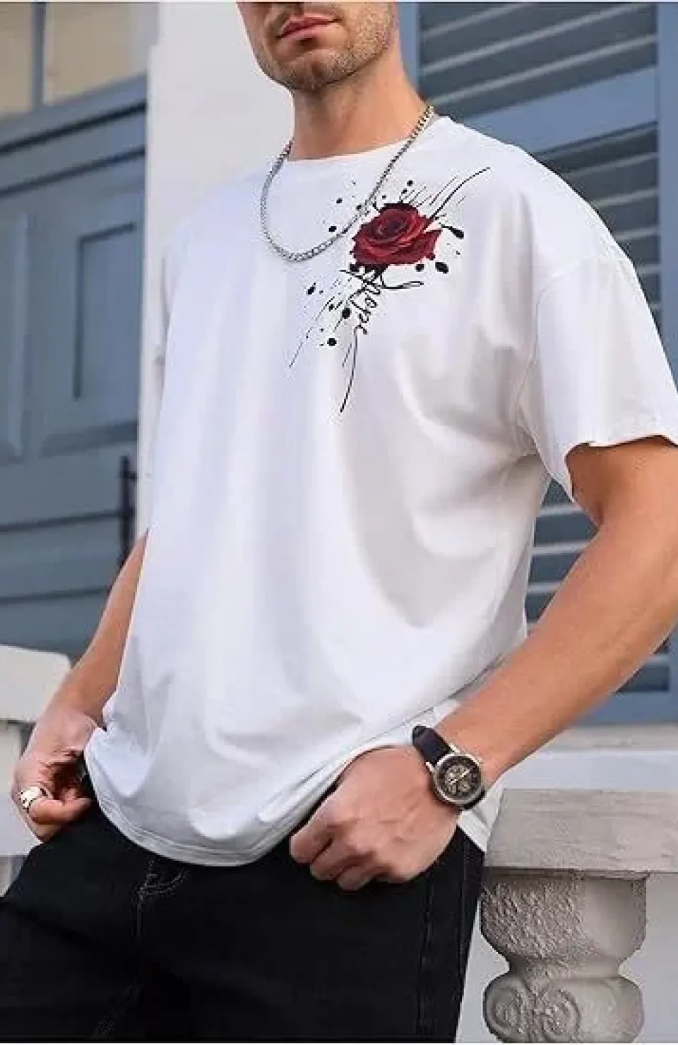 Erkek Bisiklet Yaka Kısa Kol Baskılı T-shirt - Beyaz