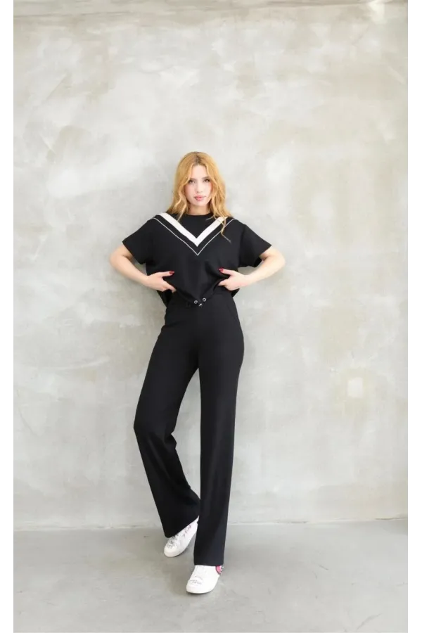 Osy Modal Yumuşak dokulu Kumaş Bisiklet Yaka Parçalı detaylı Kısa Kollu Takım - Siyah