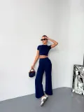 Osy Modal Yumuşak Dokulu Kumaş Kısa Kollu Crop Alt ispanyol Paça Pantalon ikili Takım - Lacivert