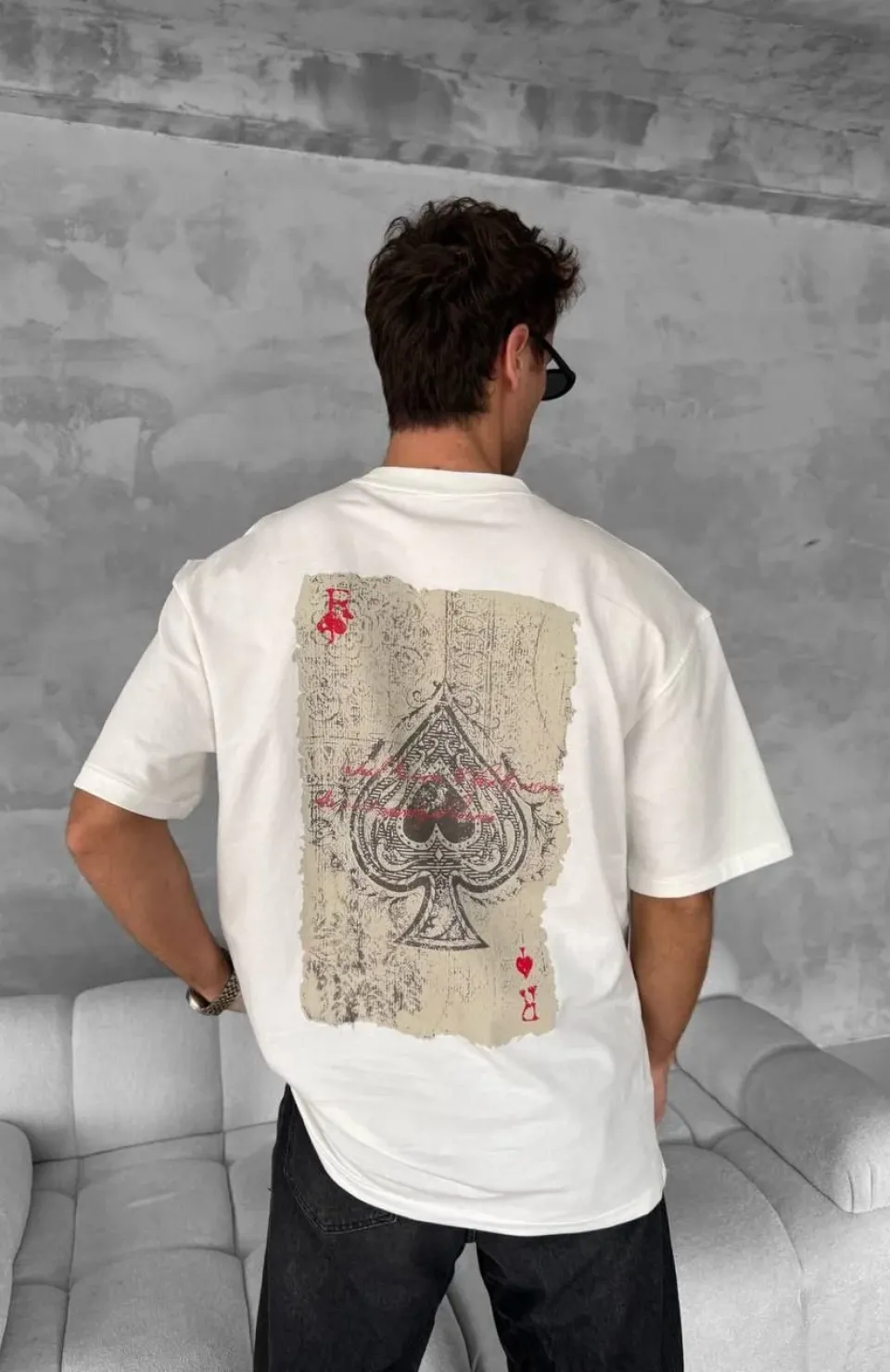 Ön ve Arka Baskılı Oversize Bisiklet Yaka T-shirt - Beyaz