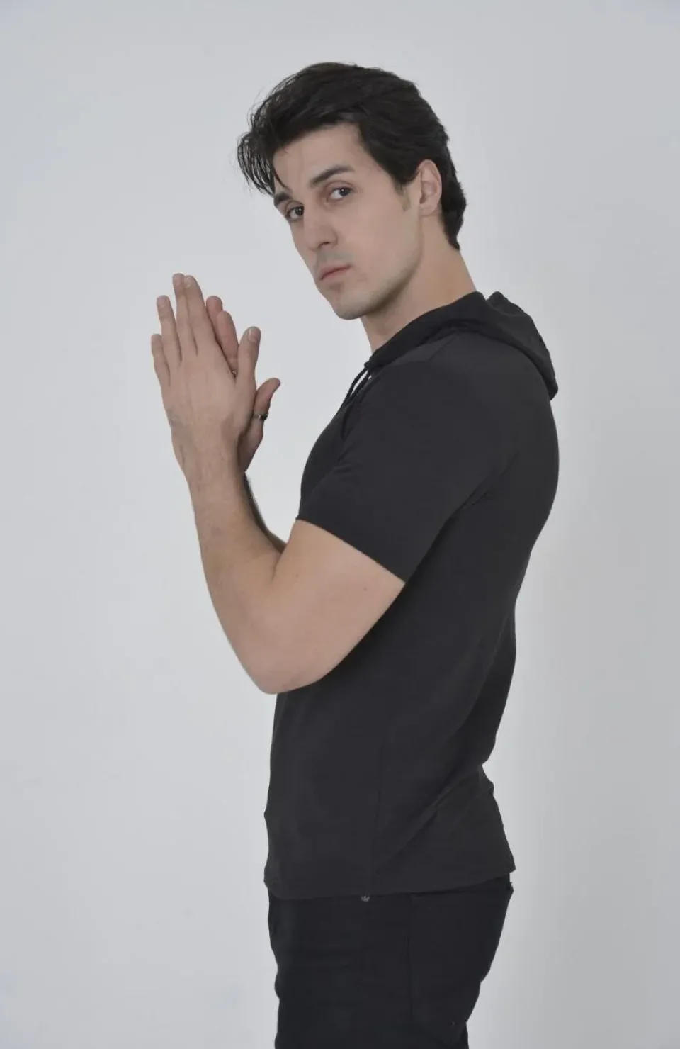 Erkek Kapşonlu Slim Fit T-shirt - Siyah